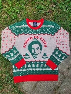 Elf "Raised By Elfs" Ugly Christmas Sweater Large Biddy The Elf Holiday Party